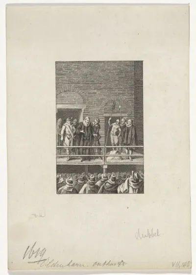 Johan van Oldenbarnevelt spreekt vanaf het schavot voor zijn onthoofding de omstanders toe, 13 mei 1619