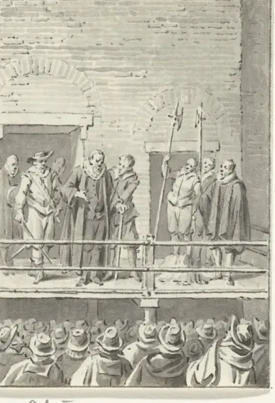 Johan van Oldenbarnevelt spreekt vanaf het schavot voor zijn onthoofding de omstanders toe, 13 mei 1619