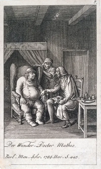 Johann Gottfried Matthes (Mathes), a "natural healer", taking the pulse of a patient suffering from the dropsy