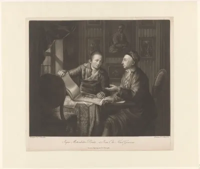 Johann Jakob Mettenleiter en Johann Elias Haid bekijken prenten aan tafel