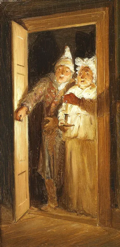 Johanne Louise Heiberg, Abekatten, with the actors Rosenkilde og Sødring in the doorway.
