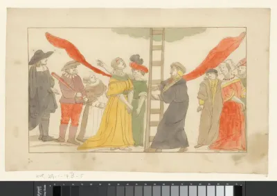 Johannes Calvijn houdt een vrouw een ladder voor
