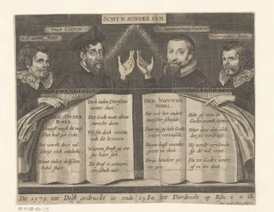 Johannes Calvijn met oude bijbel tegenover nieuwe gereformeerde predikant met nieuwe bijbel