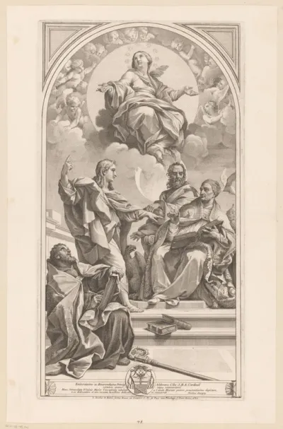 Johannes de Doper legt de doctrine van de Onbevlekte Ontvangenis uit aan H. Gregorius, H. Augustinus en Johannes Chrysostomos
