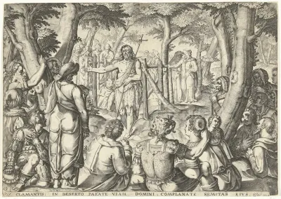 Johannes de Doper predikt voor een groep mensen