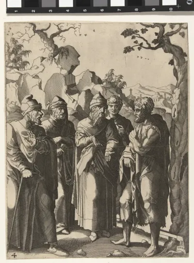 Johannes de Doper spreekt met vier mannen