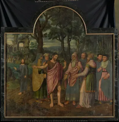 Johannes de Doper vermaant de Farizeeërs, middenpaneel van een drieluik