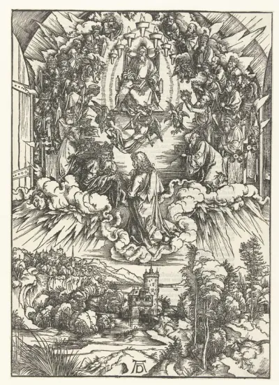Johannes de Evangelist knielt voor Christus en het lam met de zeven hoorns en de zeven ogen