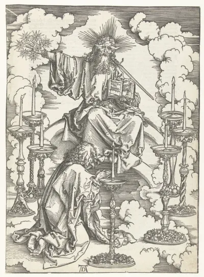 Johannes de Evangelist knielt voor Christus temidden van zeven kandelaars
