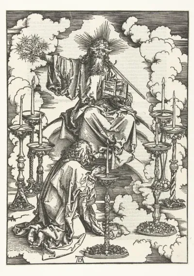 Johannes de Evangelist knielt voor Christus temidden van zeven kandelaars
