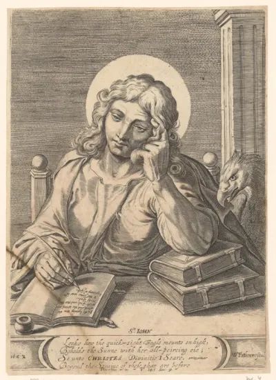 Johannes de Evangelist schrijvend aan een bureau