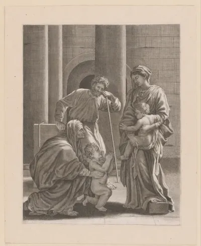 Johannes door Elisabeth voorgesteld aan Maria en Kind, Jozef kijkt toe