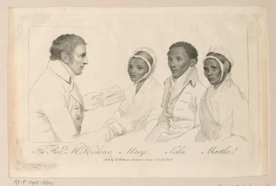 Johannes Jacobus Kicherer geeft les aan Maria Sofia Fortuin Johannes van Rooy en Martha Arendse