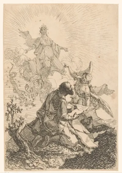 Johannes krijgt op Patmos een visioen waarin de heilige maagd de zevenkoppige draak verslaat