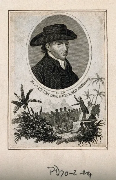 Johannes Theodorus van der Kemp: above, head and shoulders, wearing hat; below, as missionary preaching to Xhosa or Khoi-Khoi people