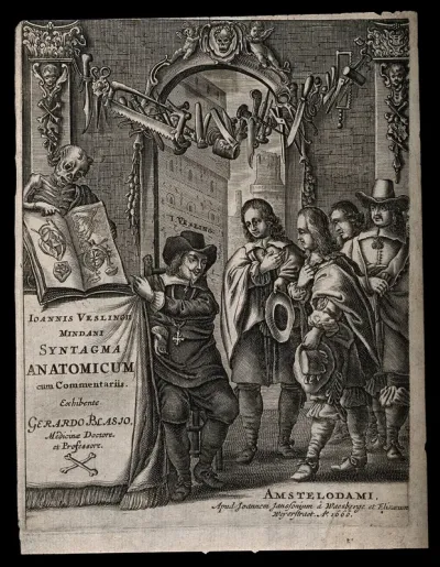 Johannes Vesling, seated below a swag of surgical instruments, indicates illustrations of the heart in a book displayed by a skeletal corpse