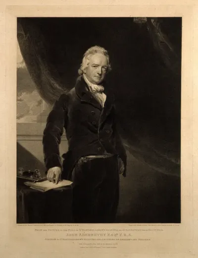 John Abernethy. Line engraving by W. Bromley, 1827, after Sir T. Lawrence