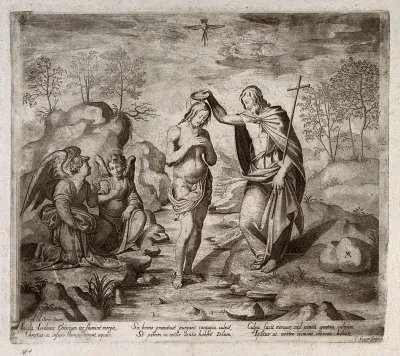 John baptises Christ; two angels watch