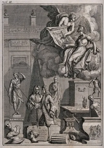 John Breval acting as tutor to George 3rd Earl of Cholmondeley on the Grand Tour introduces him to a statue of Diana; a genius shows a perspective drawing of Cholmondeley Castle to Minerva