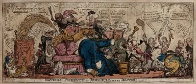 John Bull as a patient, in disarray, reclines on a sofa and receives medical treatment from politicians