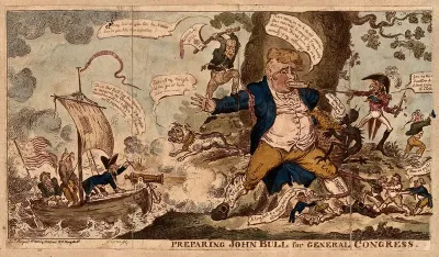 John Bull being attacked by many tiny figures representing England's engagements overseas