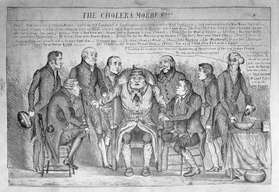John Bull being examined by eight doctors representing politicians, who diagnose his illness as cholera