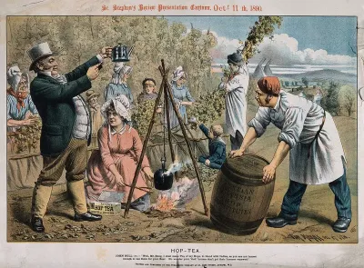 John Bull making hop-tea in front of a hop grower and his workers; representing adulteration of beer by brewers