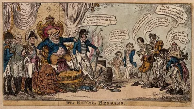 John Bull on a throne receiving emaciated and tattered supplicants for charity, including Napoleon