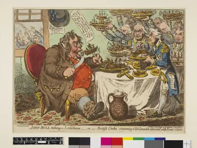 John Bull Taking a Luncheon, or British Cooks, cramming Old Grumble Gizzard with Bonne Chere, published by Hannah Humphrey in