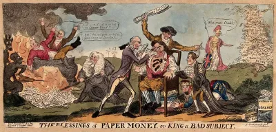 John Bull, with leeches on his chest, sits on a commode full of gold coin; he is attended by Lords Stanhope and Perceval dressed as doctors; Napoleon holds the commode