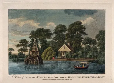 John Coakley Lettsom's gardens: a view of the fountain and cottage at Grove Hill, Camberwell, Surrey