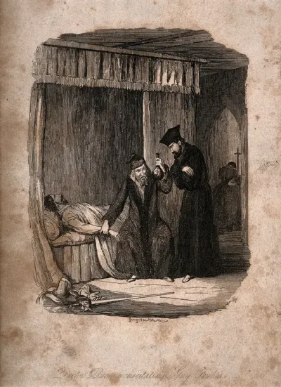 John Dee and Edward Kelley attend to the wounded Guy Fawkes, and give him an elixir which revives him