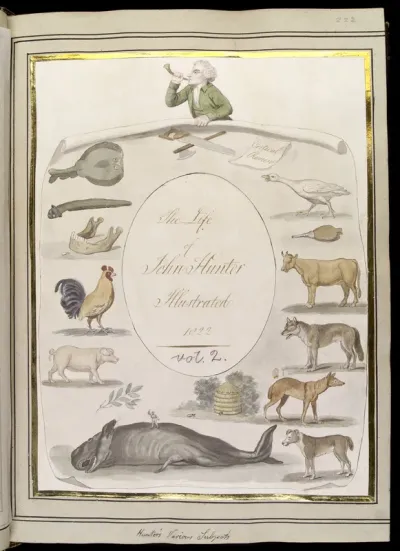 John Hunter blowing a horn, with animals studied by him