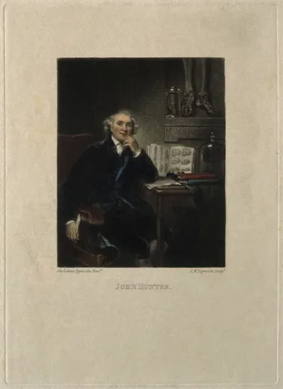 John Hunter. Coloured mezzotint by S. W. Reynolds, 1833, after Sir J. Reynolds, 1786