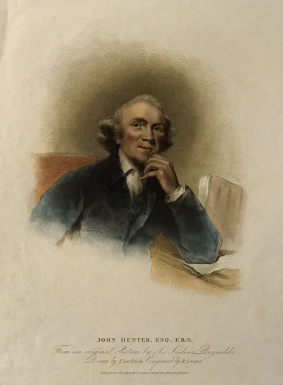 John Hunter. Coloured stipple engraving by R. Cooper, 1814, after J. Jackson after Sir J. Reynolds, 1786