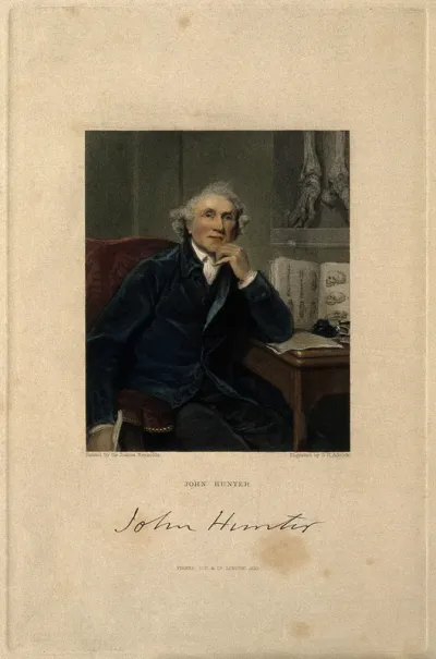 John Hunter. Stipple engraving by G. H. Adcock, 1833, after Sir J. Reynolds, 1786