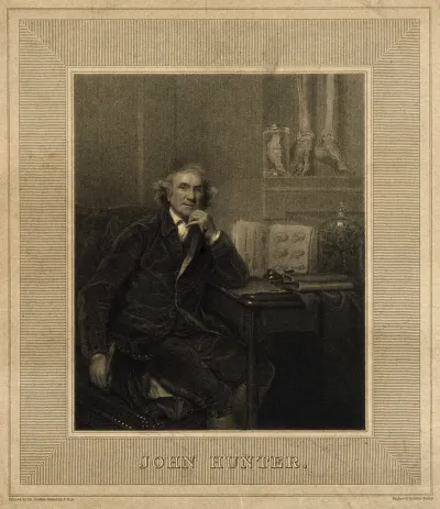 John Hunter. Stipple engraving by J. Shury, 1829, after Sir J. Reynolds, 1786