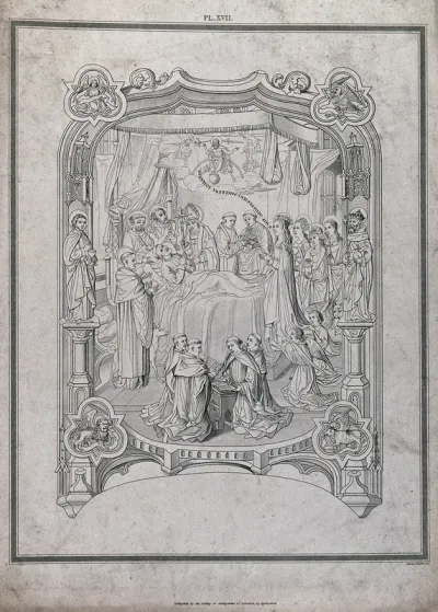 John Islip on his death bed surrounded by saints and monks: the Virgin Mary intercedes for him