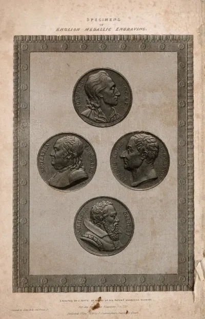 John Locke, Benjamin Franklin, Joseph-Louis Lagrange, and Galileo Galilei: profile portraits taken from medals