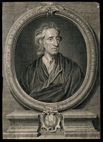 John Locke. Line engraving by F. M. La Cave, 1734, after Sir G. Kneller, 1697