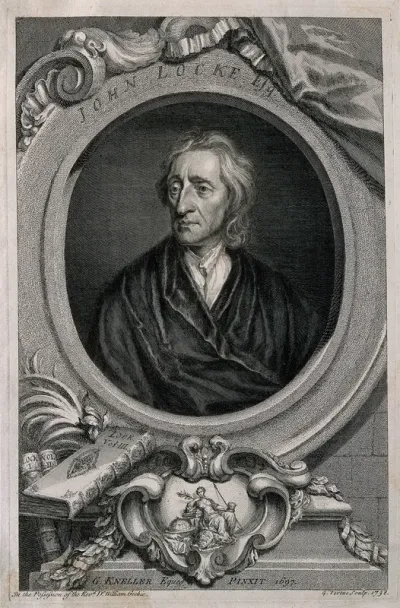 John Locke. Line engraving by G. Vertue, 1738, after Sir G. Kneller, 1697