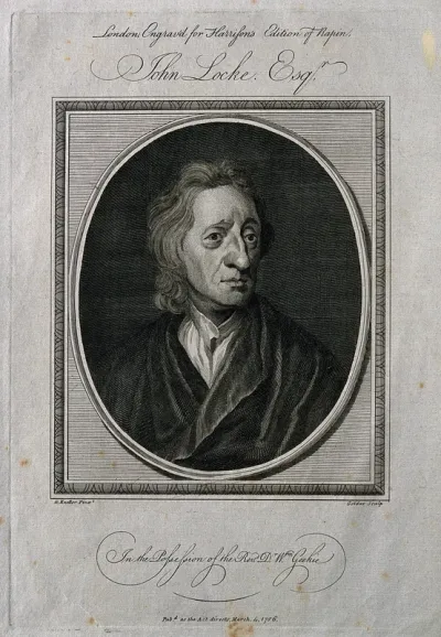 John Locke. Line engraving by J. Goldar after Sir G. Kneller, 1697