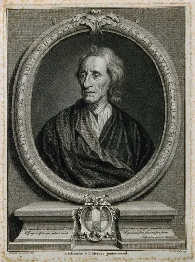 John Locke. Line engraving by P. Tanjé, 1754, after Sir G. Kneller, 1697