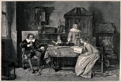 John Milton dictating Paradise lost to one of his daughters while the other embroiders and his wife looks on