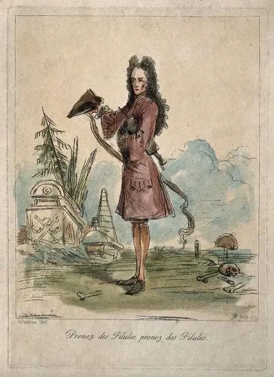 John Misaubin. Coloured soft-ground etching by A. Pond, 1739, after A. Watteau