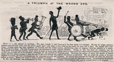 John Mitchel striding to his trial in the middle of a marching band: the trombonist has accidentally knocked over the triangle-player in front