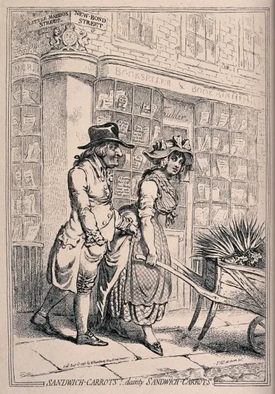 John Montagu, 5th Earl of Sandwich, is following a young woman who is pushing a barrow of carrots through the West End of London