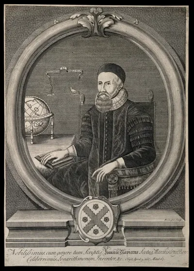 John Napier, seated, wearing a skull cap, his right hand resting on an open book