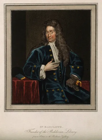 John Radcliffe. Coloured stipple engraving after M. Dahl after Sir G. Kneller, 1710