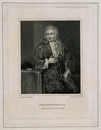 John Radcliffe. Line engraving by J. Fisher after Sir G. Kneller, 1710